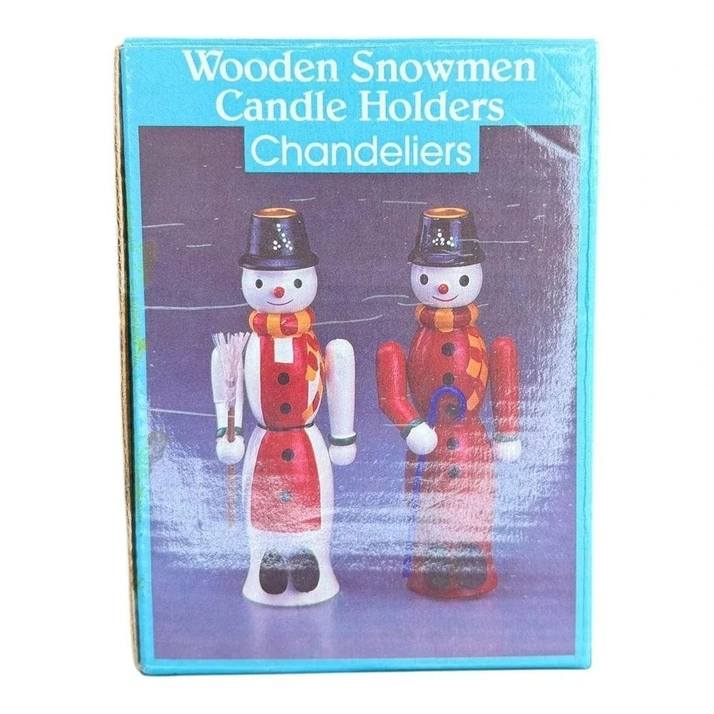 Vintage Wooden Snowmen Candle Holders w Box Christmas Decor